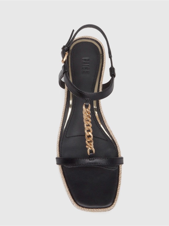 PAIGE Shoes - PAIGE Black Leather T-Strap Sandal with Gold Chain Accent - Size 6.5